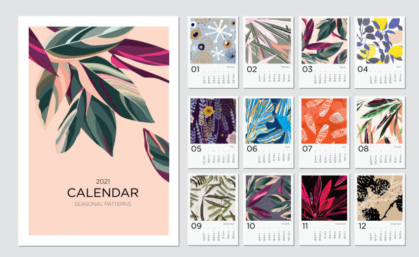 ilustrações, clipart, desenhos animados e ícones de design de conceito de calendário com padrões naturais abstratos - botânica assunto