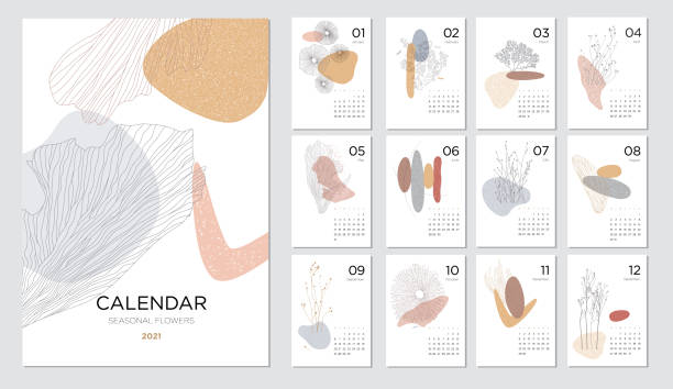 Calendar design concept with abstract natural elements 2021 calendar template on a beauty themeSet of 12 months 2021 pages. Vector illustration calendar patterns stock illustrations