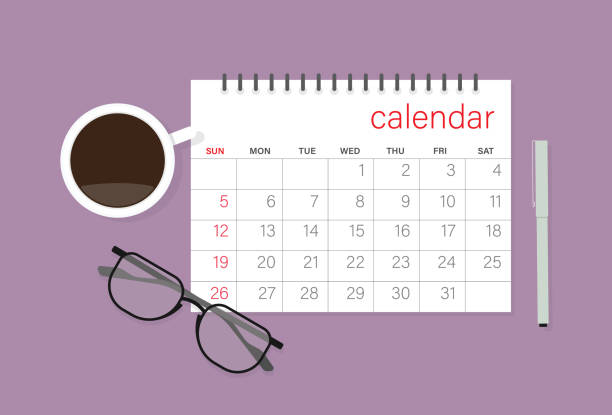 Calendar, eyeglasses, coffee cup and pen Time, Office hour, Holiday, Time management, Desk, Number, Month holiday calendars stock illustrations