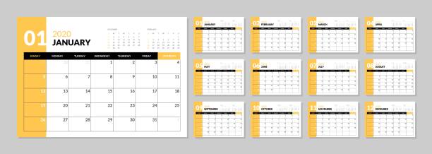 Calendar for 2020 new year in clean minimal table simple style. Wall calendar for 2020 year in clean minimal style. Week Starts on Sunday. Set of 12 Months. calendars templates stock illustrations