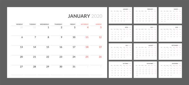 Calendar for 2020 new year in clean minimal table simple style. Wall calendar for 2020 year in clean minimal style. Week Starts on Monday. Set of 12 Months. 2020 stock illustrations