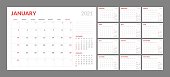 Wall calendar for 2021 year in clean minimal style. Corporate design planner template. Week Starts on Sunday. Set of 12 Months. Ready for print.
