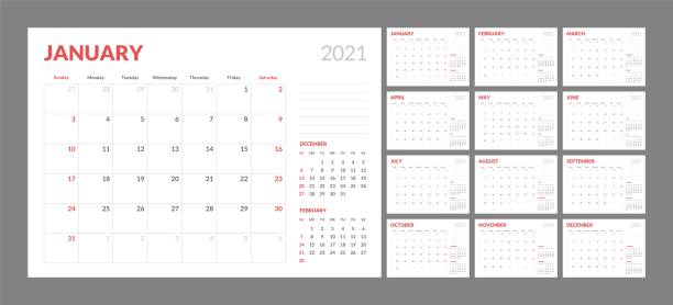 Calendar for 2021 new year in clean minimal table simple style. Wall calendar for 2021 year in clean minimal style. Corporate design planner template. Week Starts on Sunday. Set of 12 Months. Ready for print. calendars templates stock illustrations