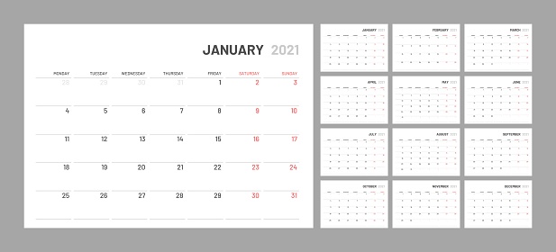Calendar for 2021 new year in clean minimal table simple style.