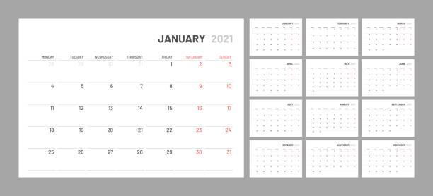 Calendar for 2021 new year in clean minimal table simple style. Wall calendar for 2021 year in clean minimal style. Corporate design planner template. Week Starts on Monday. Set of 12 Months. Ready for print. calendar patterns stock illustrations