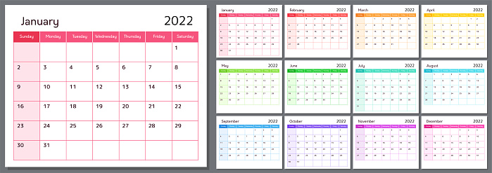 Calendar for 2022 new year, week starts on sunday