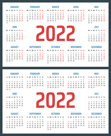 calendar for 2022 starts sunday and monday, vector calendar design 2022 year