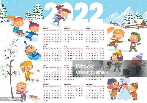 istock Calendar for 2022 year. Cheerful children play in the winter 1337450737