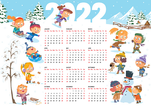 Calendar for 2022 year. Cheerful children play in the winter