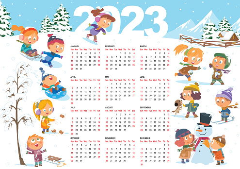 Calendar for 2023 year. Cheerful children play in the winter. Horizontal