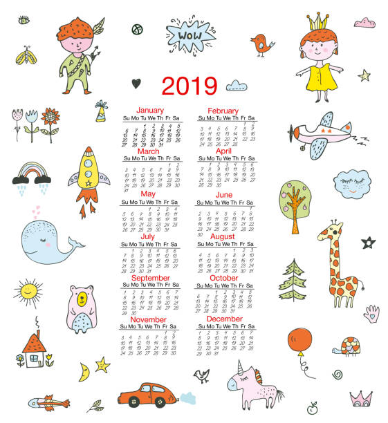 Calendar for children with funny doodles, kids, animals, cute elements. Vector illustration vector art illustration