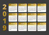 2019 Calendar. Happy new Year Print gold and black style Template. Week Starts Sunday. Vector illustration