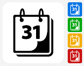 Calendar Icon. This 100% royalty free vector illustration features the main icon pictured in black inside a white square. The alternative color options in blue, green, yellow and red are on the right of the icon and are arranged in a vertical column.