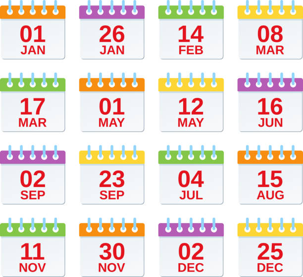 Calendar icon with dates. Vector illustration in flat design. Calendar icon with dates. Vector. Set of annual appointments, yearly events template in flat design. Calendar organizer symbols isolated on white background. Color illustration. Computer graphic. 12 17 months stock illustrations