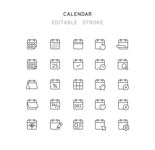 ilustraciones, imágenes clip art, dibujos animados e iconos de stock de trazado editable de iconos de línea de calendario - calendario