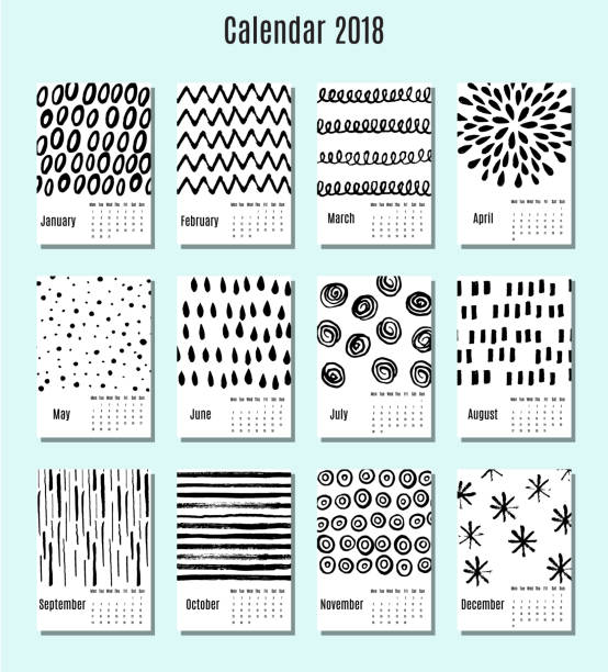 Calendar of 2018 in vector Vector template design - Calendar 2018 with paper page for months with hand drawn ink brush pattern on background.  Week starts from Monday. calendar patterns stock illustrations