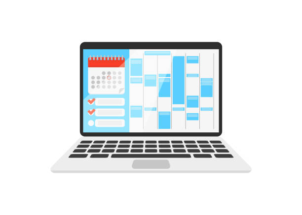 illustrations, cliparts, dessins animés et icônes de calendrier sur l'ordinateur portable avec liste de contrôle - agenda