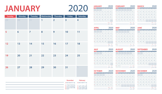 Calendar Planner 2020 - Vector Template. Days start from Sunday