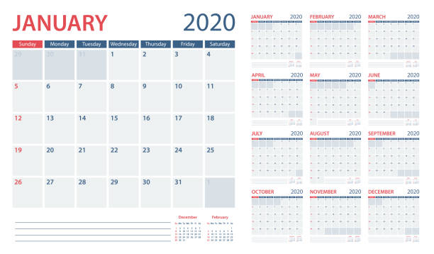 캘린더 플래너 2020 - 벡터 템플릿. 일요일부터 시작되는 날 - 12월 stock illustrations