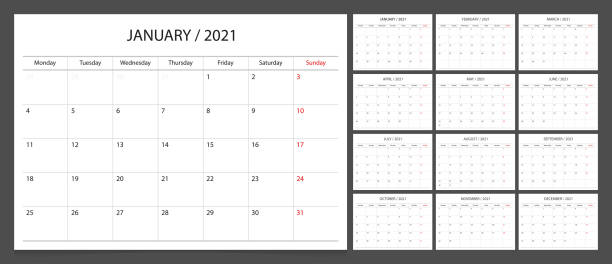 Calendar planner 2021 design template week start Monday. Calendar planner 2021 design template week start Monday. january stock illustrations