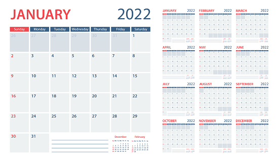 Calendar Planner 2022 - Vector Template. Week starts on Sunday