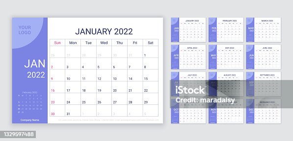 istock 2022 calendar. Planner layout. Table grid of calender. Vector illustration. 1329597488