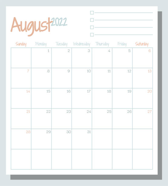 ilustrações, clipart, desenhos animados e ícones de folha do mês do planejador calendário 2022 - agosto