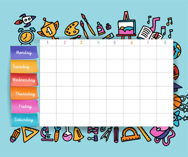 Calendar schedule with stickers. School planning or scheduling work. Vector volume illustration. Vector Template School timetable for students and pupils. hand drawn elements of school supplies. Calendar schedule with stickers. School planning or scheduling work. Vector volume illustration. Vector Template School timetable for students and pupils. hand drawn elements of school supplies poster clipart stock illustrations