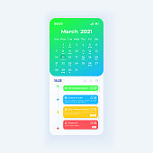 Calendar smartphone interface vector template. Mobile app page light theme design layout. Flat UI for time management application screen. Events and tasks reminder. Phone display