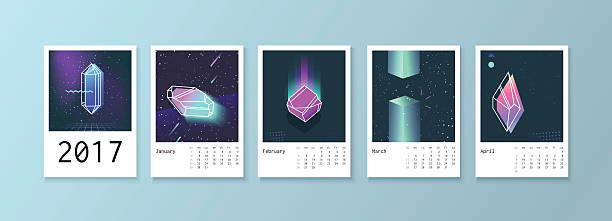 Calendar style with space 80 crystals. Calendar style with space 80 crystals. Calendar Week starts on Monday. Scheduler with neon diamonds. Part 1 January, February, March, April march calendar 2017 stock illustrations