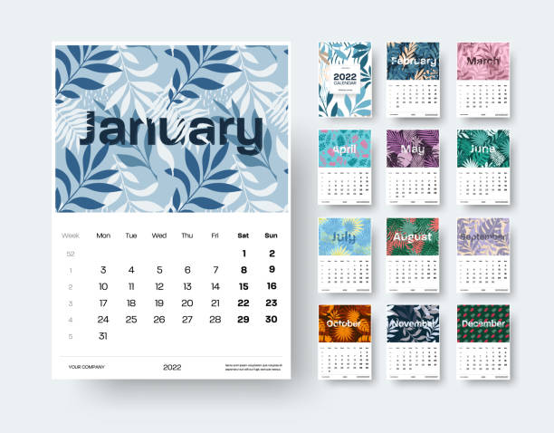 Calendar template for 2022 with tropical twigs, leaves, botanical theme, indicated weeks of the year, on a white background. Calendar template for 2022 with tropical twigs, leaves, botanical theme, indicated weeks of the year, on a white background. Fashionable wall, desk calendar for offices, home. Vector planner illustration calendar backgrounds stock illustrations