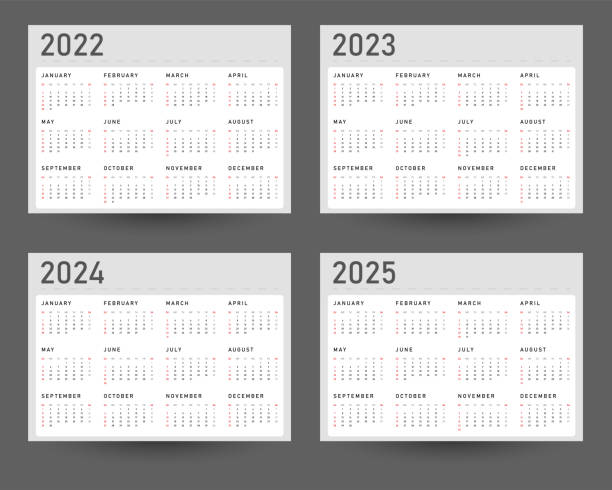 Calendar Templates for the Years: 2022, 2023, 2024 and 2025. Week Starts on Sunday, vector art illustration
