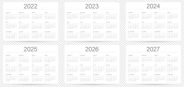 Calendar Templates for Years: 2022, 2023, 2024, 2025, 2026 and 2027