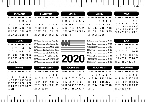 2020 Calendar - USA flag and holidays, ruler / starting Sunday / vector illustration