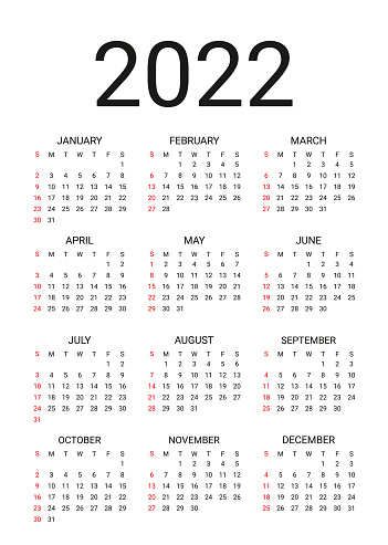 2022 Calendar. Vector illustration. Wall calender with 12 month.