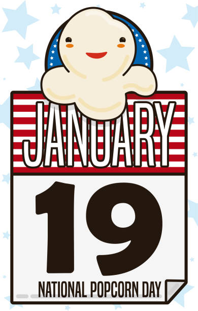 Calendar with Cute Kernel Promoting National Popcorn Day on U.S.A. Cute popped kernel over patriotic calendar promoting National Popcorn Day on U.S.A. during January 19. national popcorn day stock illustrations