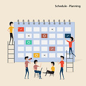 Calendar with schedule plans.People filling out the schedule in the table.Work planning.Daily routine.Concept for business planning.Events & news.Reminder and schedule.Web banner.Business presentation.Vector illustration