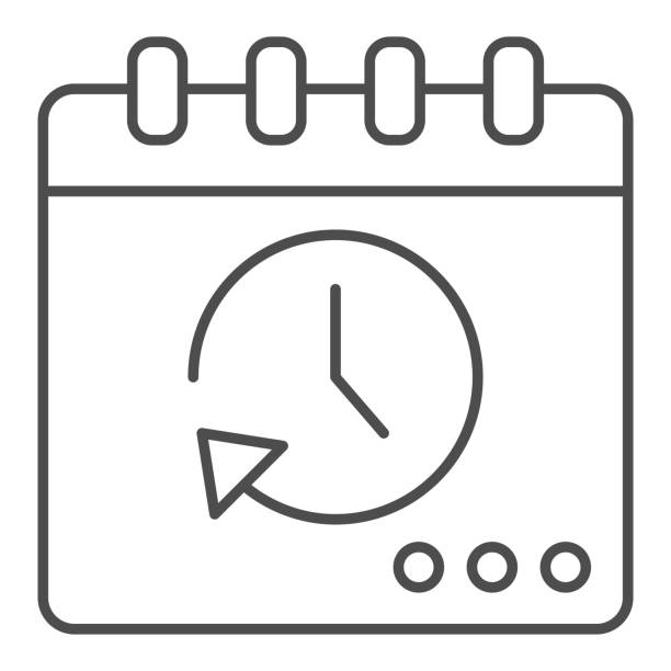 bildbanksillustrationer, clip art samt tecknat material och ikoner med kalender med stopwatch tunn linje ikon, coworking koncept, aktivitetshanteraren schema logga på vit bakgrund, kör kalender ikon i disposition stil för mobilt koncept, webbdesign. vektorgrafik. - calendar clock