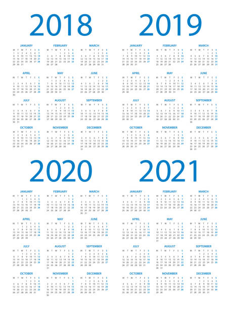 takvimler 2018 2019 2020 2021 mavi dikey - avrupa uluslararası i̇ngilizce. pazartesi günleri baştan - blue monday stock illustrations