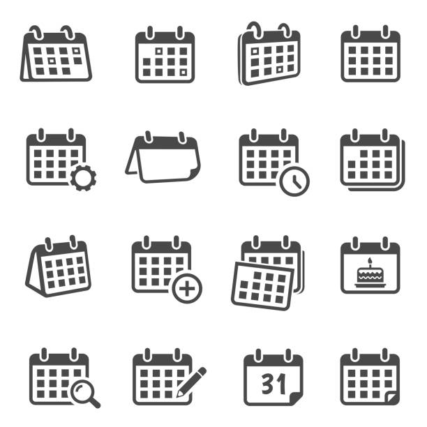 Calendars for time planning glyph icons set Calendars for time planning glyph icons set. Scheduling events, worktime organization silhouette symbols. Monthly timetable with cogwheel, magnifier, pencil isolated vector illustrations collection holiday event stock illustrations