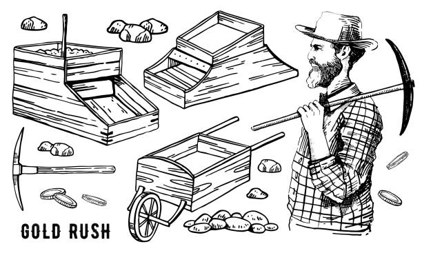 stockillustraties, clipart, cartoons en iconen met california gold rush vector hand getekend otline vintage illustratie set met mijnwerker en tuimelschakelaar dozen - wiegman