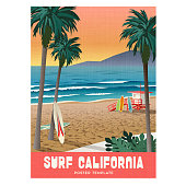 California surfing travel poster with sunset and palm trees. Vector illustration. Summer travel poster or sticker design.