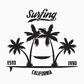 California surfing typography for design clothes, t-shirt with palm trees, hammock and surfboard. Graphics for print product, apparel. Vector illustration.