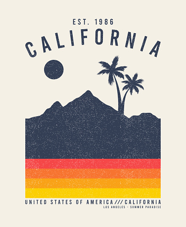 California t-shirt design with palm trees and mountains. Typography graphics for tee shirt with grunge. Vintage apparel print. Vector illustration.