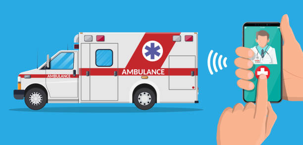 Call ambulance car via mobile phone. Call ambulance car via mobile phone. Man calling on phone to hospital. Smartphone with doctor and medical van. Healthcare, hospital and medical diagnostics. Urgency services. Flat vector illustration urgent care stock illustrations