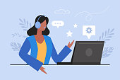 istock Call center and customer support service online business concept.  Hotline operator with headset and laptop computer  vector illustration 1351792225