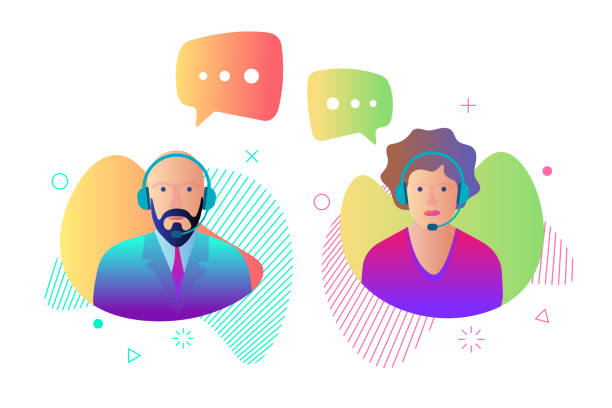 Call center customer online help service icon set. Male and female online assistant working in headphones and speech bubbles. Support character gradient vector illustration Call center customer online help service icon set. Male and female online assistant working in headphones and speech bubbles. Support character operator gradient vector illustration cartoon man with complaint with speech bubble stock illustrations