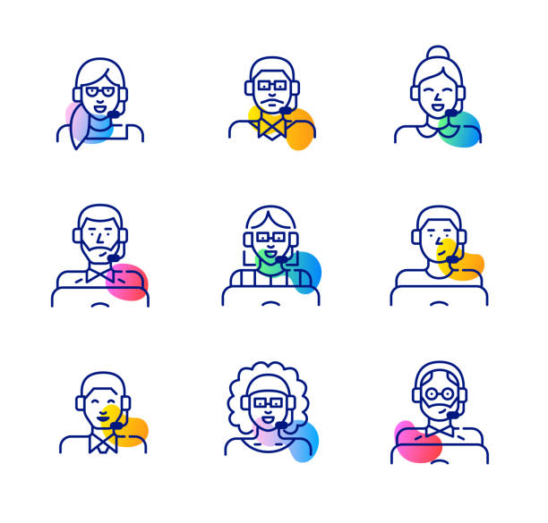 Call centre technical support agents diversity icons. People of all ages and genders wearing headset. Pixel perfect, editable stroke fun color icons vector art illustration