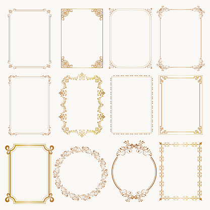 Calligraphic frame set. Borders corners ornate frames for certificate, floral classic decoration, vintage frames with elegant swirl and scroll. Corner flourish filigree elements. Vector template