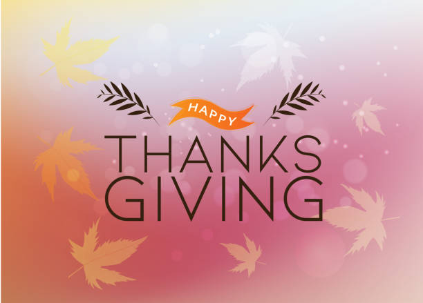 Calligraphy of Happy Thanksgiving with maple leaves decorated on colorful bokeh background. vector art illustration